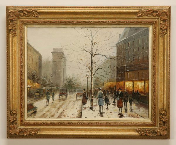 20th c. oil on canvas, signed Paul Renard: 20th century oil on canvas "Parisian Street Scene", signed l.r. Paul Renard, (French 1941-1997, student of Edouard Cortes), 12"h x 16"w.