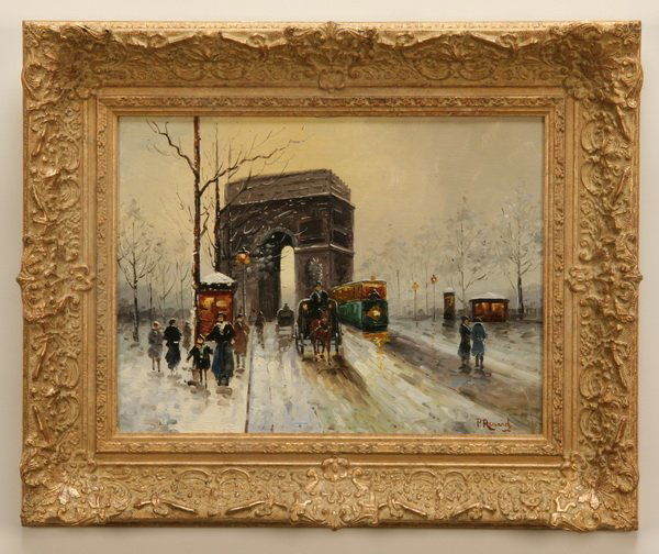 20th c. oil on canvas, signed Paul Renard: 20th century oil on canvas "Parisian Street Scene", signed l.r. Paul Renard, (French 1941-1997, student of Edouard Cortes), 12"h x 16"w.