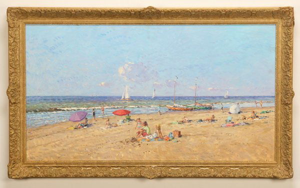 20th c. oil on panel, signed N. van der Plas: 20th century oil on panel "At the Seashore", artist signed Niek van der Plas, (Dutch b. 1954), 27"h x 50"w.