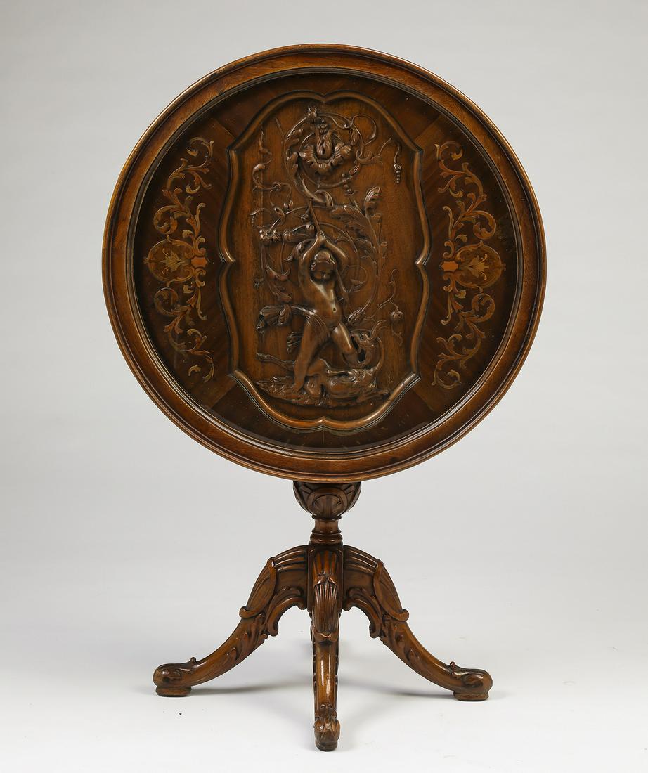 Continental carved, marquetry inlaid, tilt top table (1 of 5)