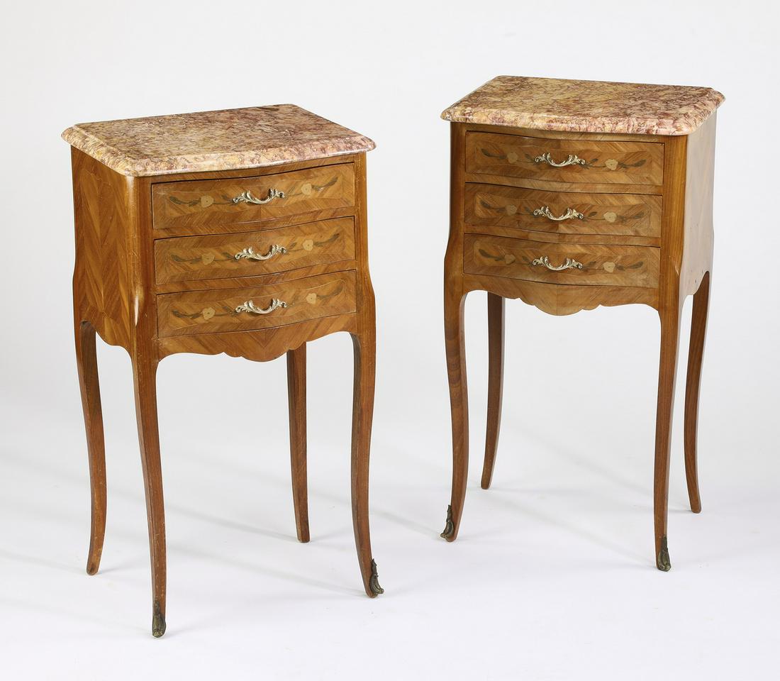 (2) Louis XV style marble top marquetry commodes (1 of 3)