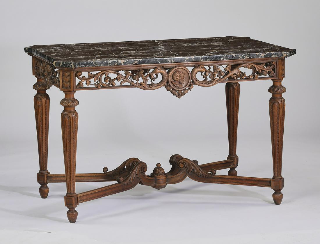19th c. Italian carved walnut marble top center table (1 of 4)