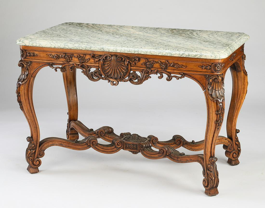 19th c. Louis XV style marble top walnut center table (1 of 4)
