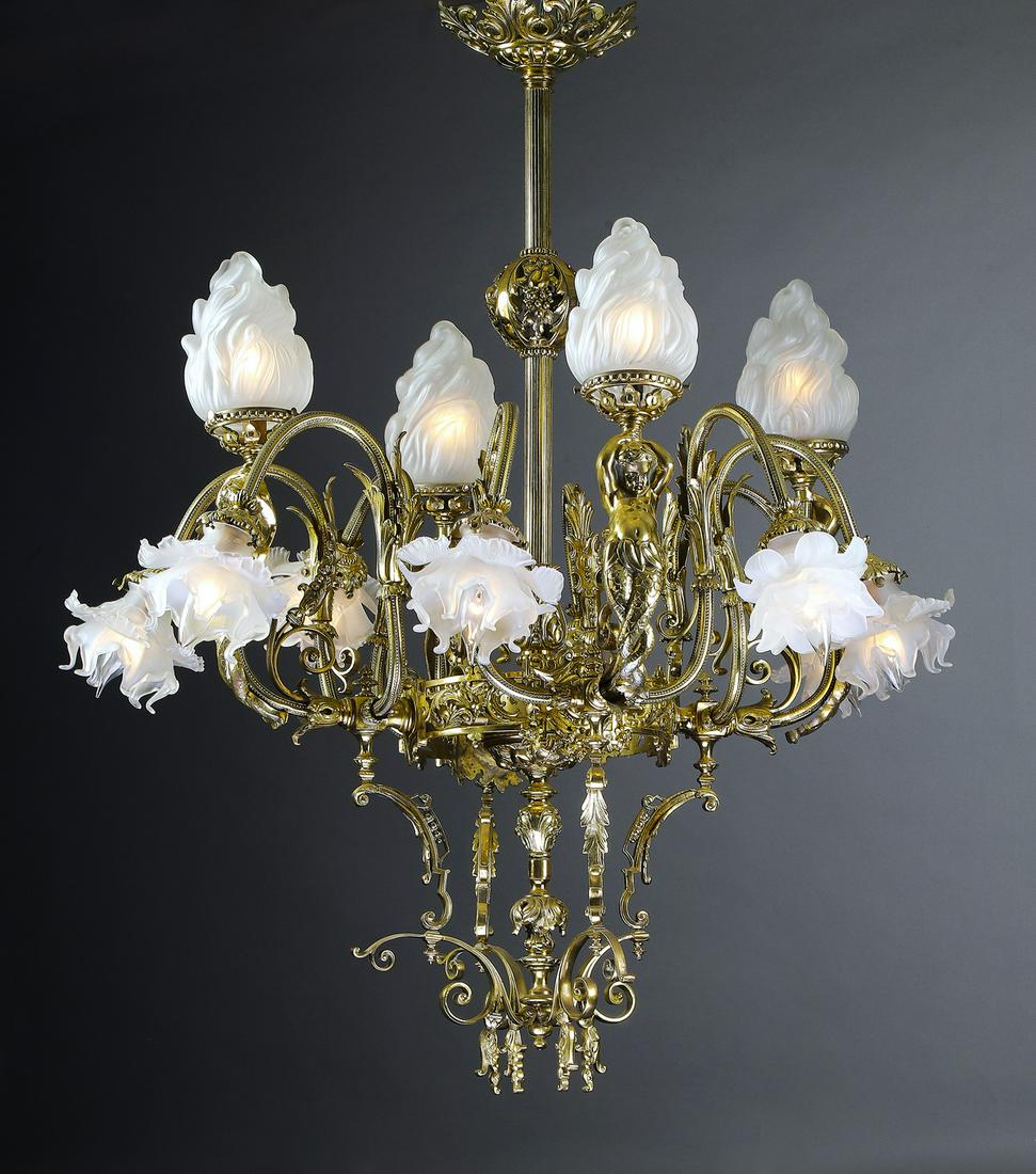 19th c. French gilt bronze 12-light chandelier, 42"h (1 of 3)