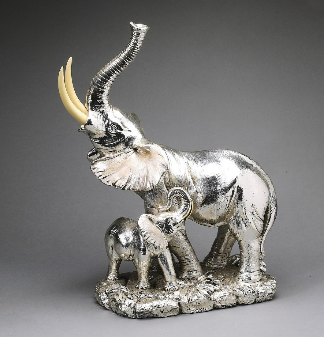 Silvered bronze figural sculpture of elephants (1 of 3)