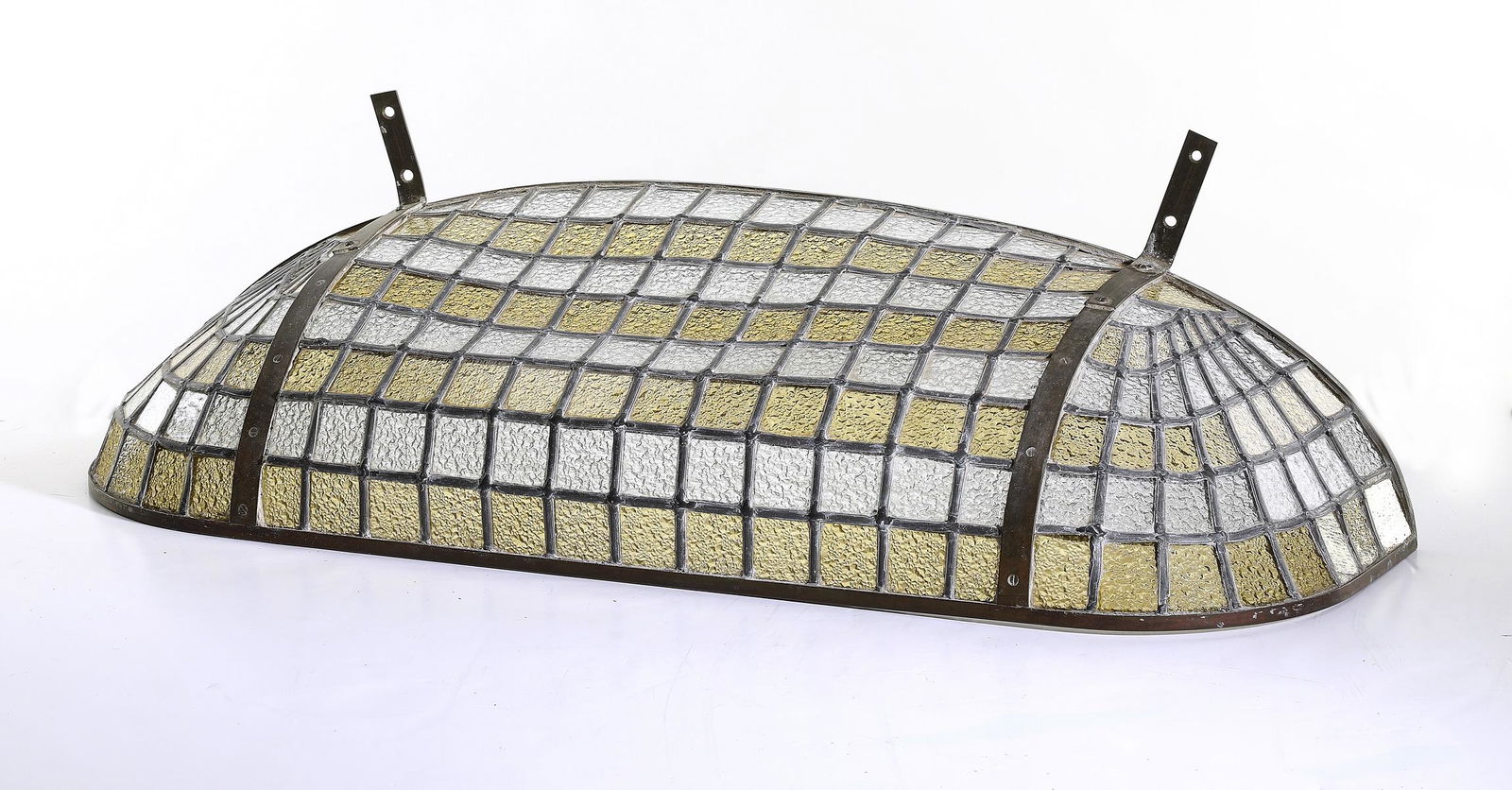 Early 20th c. American stained glass half dome, 32"l (1 of 3)