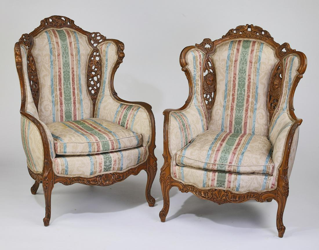 (2) Victorian style carved walnut wing chairs (1 of 3)
