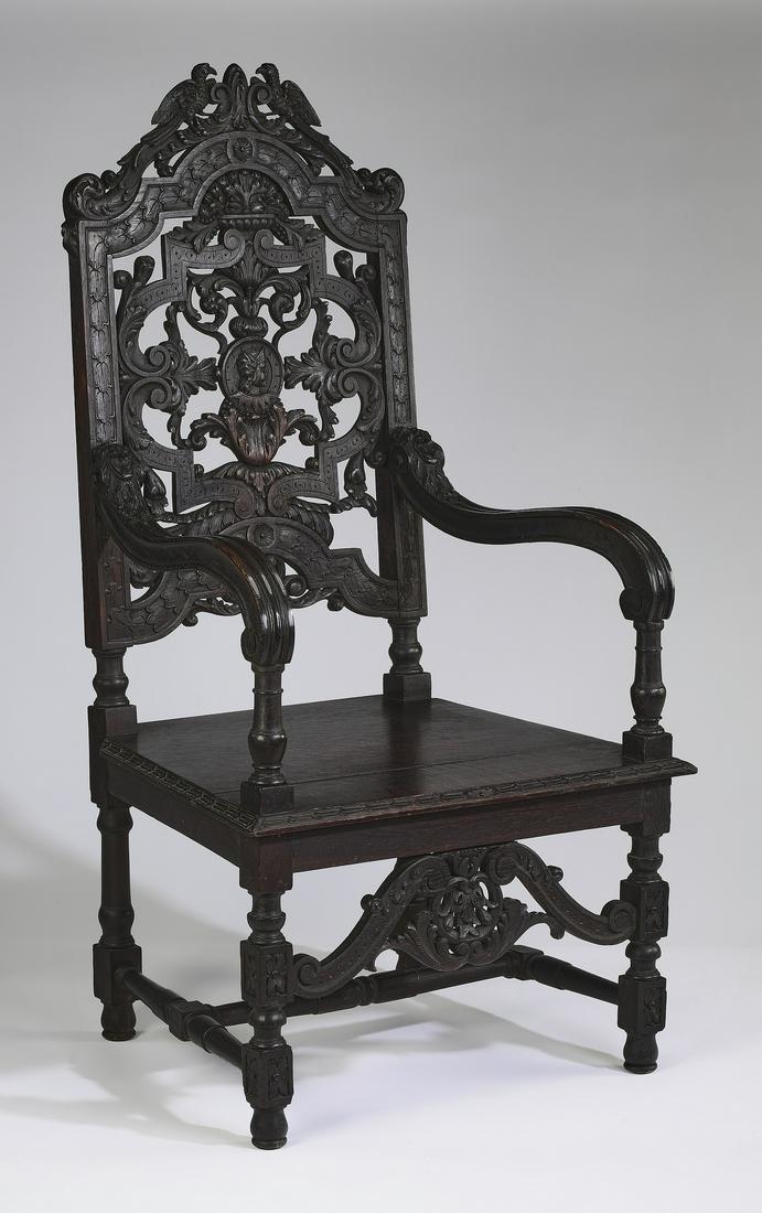 19th c. Italian carved oak armchair, 56"h (1 of 3)