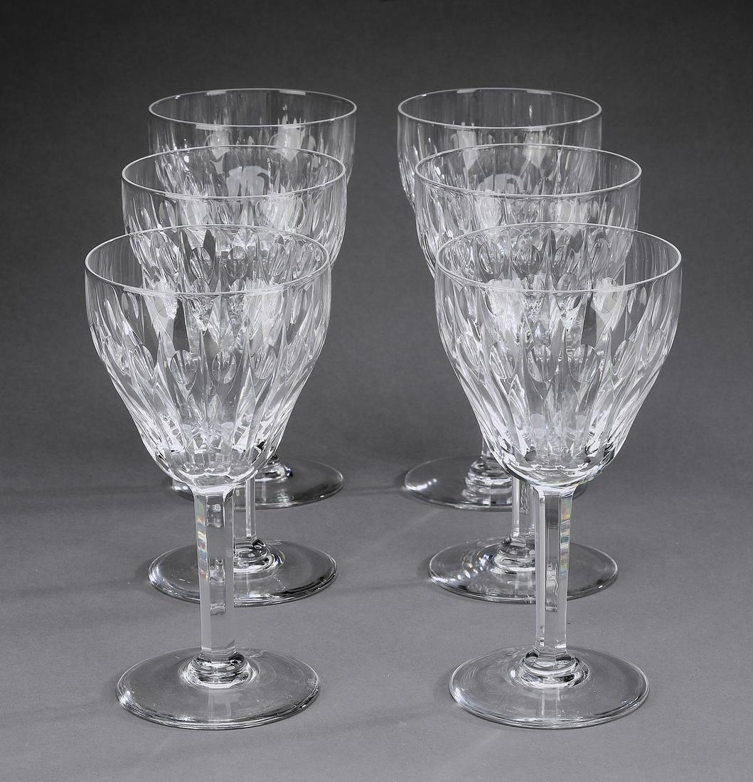(6) Val St. Lambert 'Zematt' crystal wine glasses: Set of six Val St. Lambert crystal wine glasses in the 'Zermatt' pattern, executed in clear crystal, having vertical and thumbprint cuts to the bowl, maker marked, 7"h x 3.75"dia.