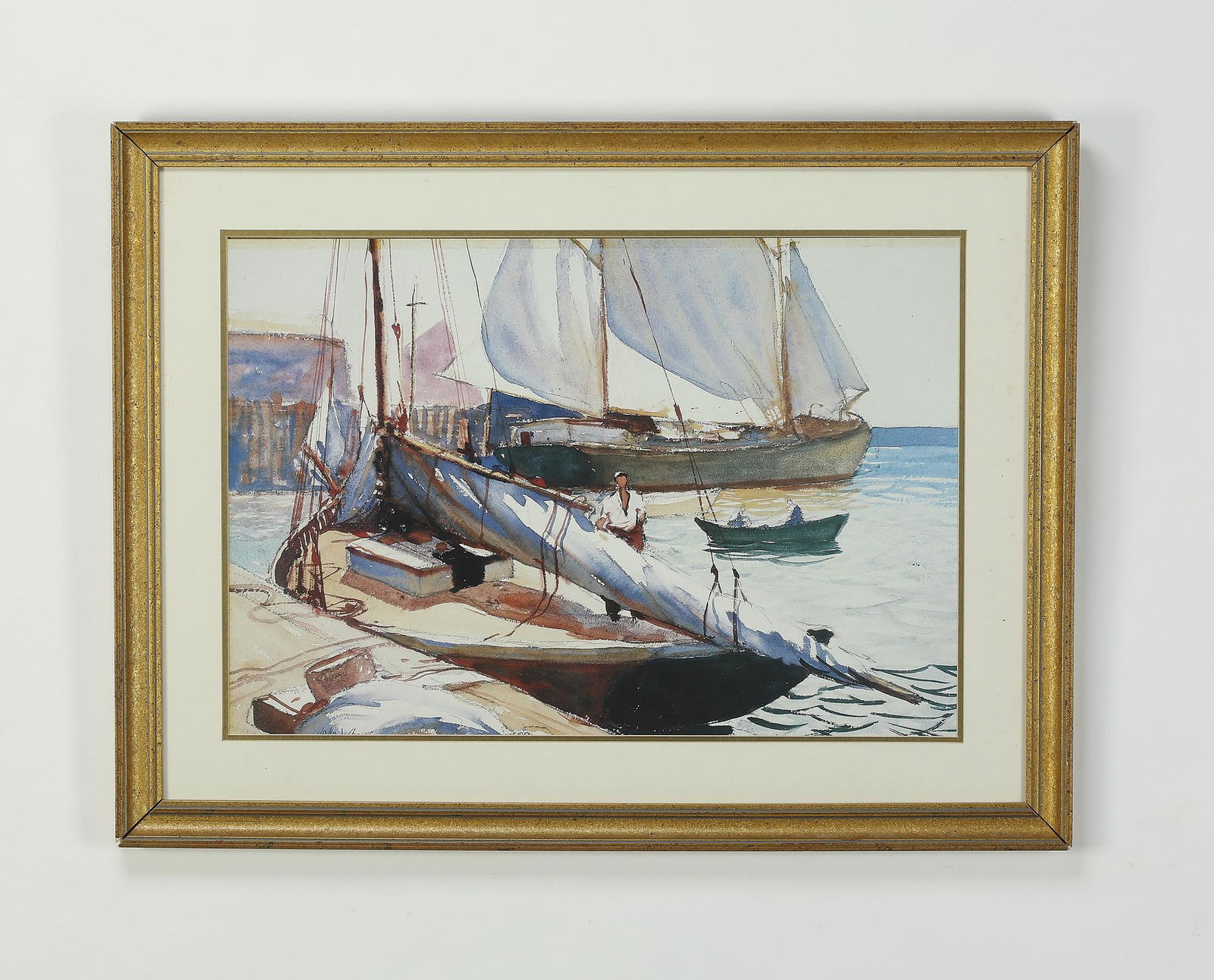 John Whorf signed W/c, sailboats at dock (1 of 4)