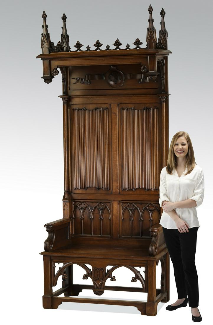 19th c. French Gothic Revival carved hall bench (1 of 6)