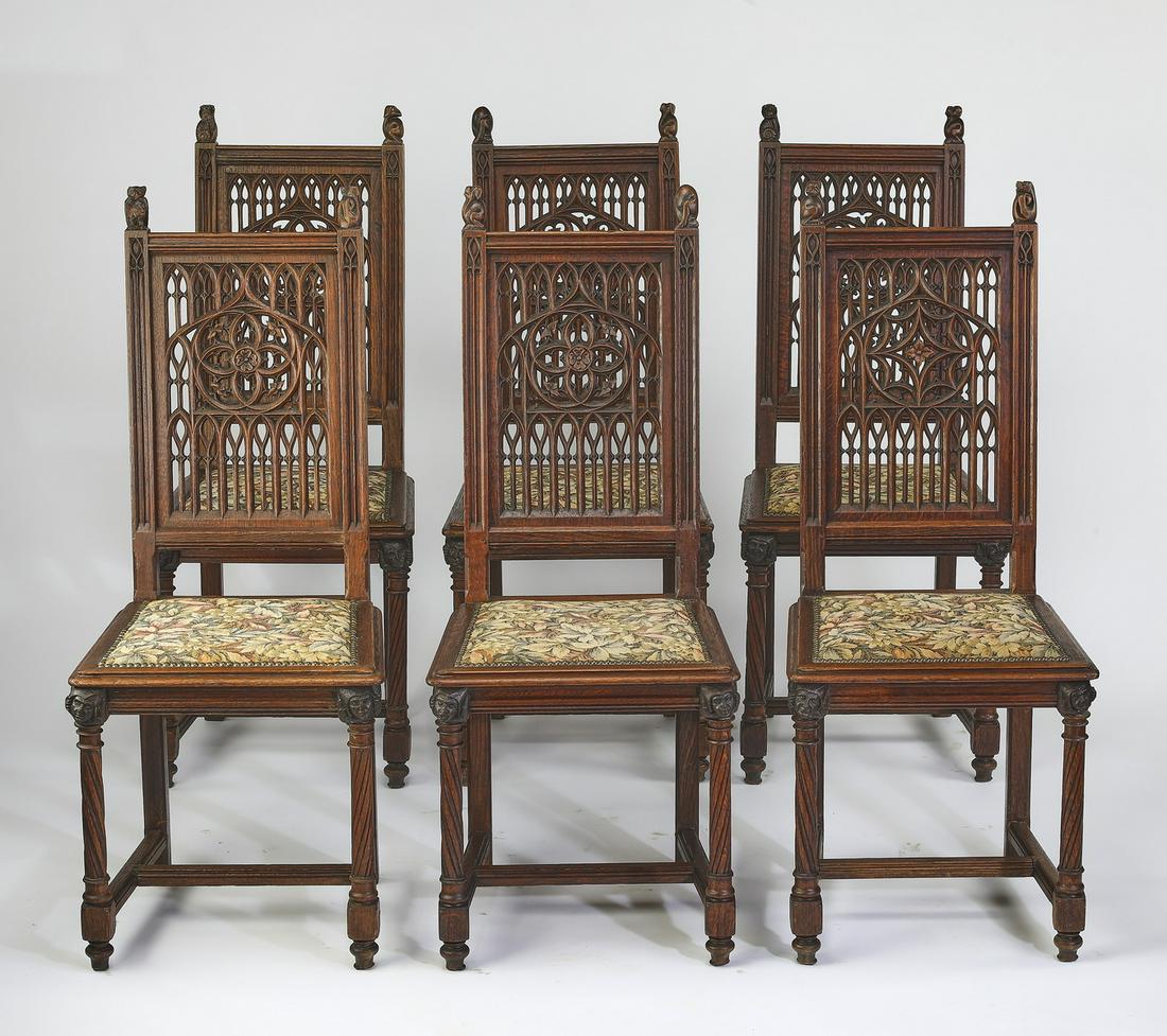 (6) Gothic Revival style oak chairs w/ tapestry seats (1 of 4)