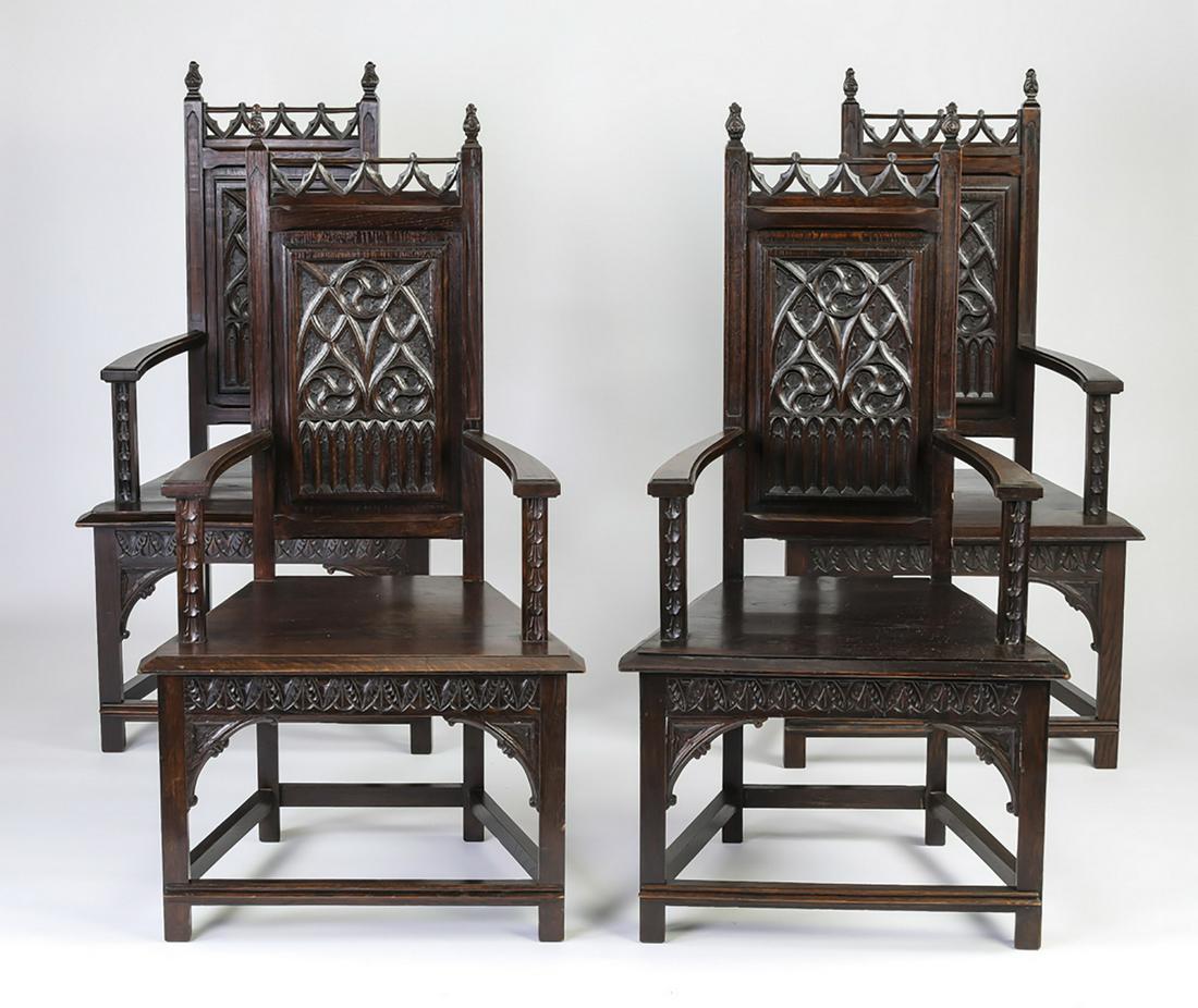 (4) 19th c French Gothic Revival carved oak armchairs (1 of 3)