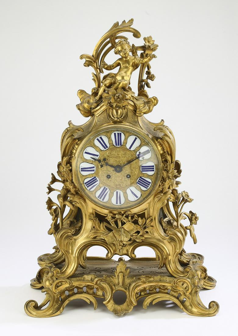 19th c. French Rococo style gilt bronze mantel clock (1 of 8)