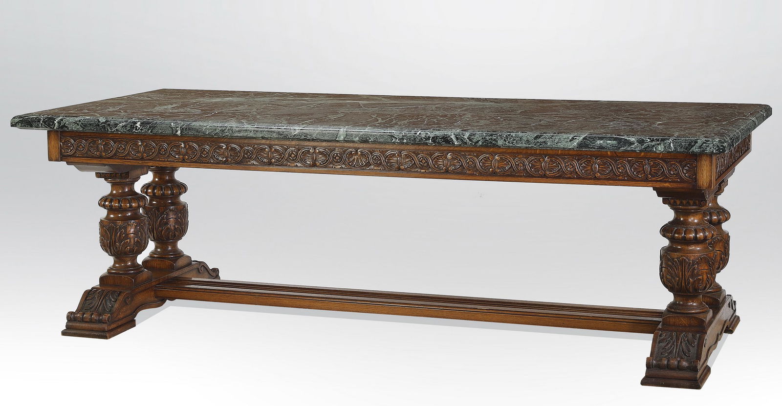 Massive 19th c. Italian oak table w/verde marble top (1 of 4)