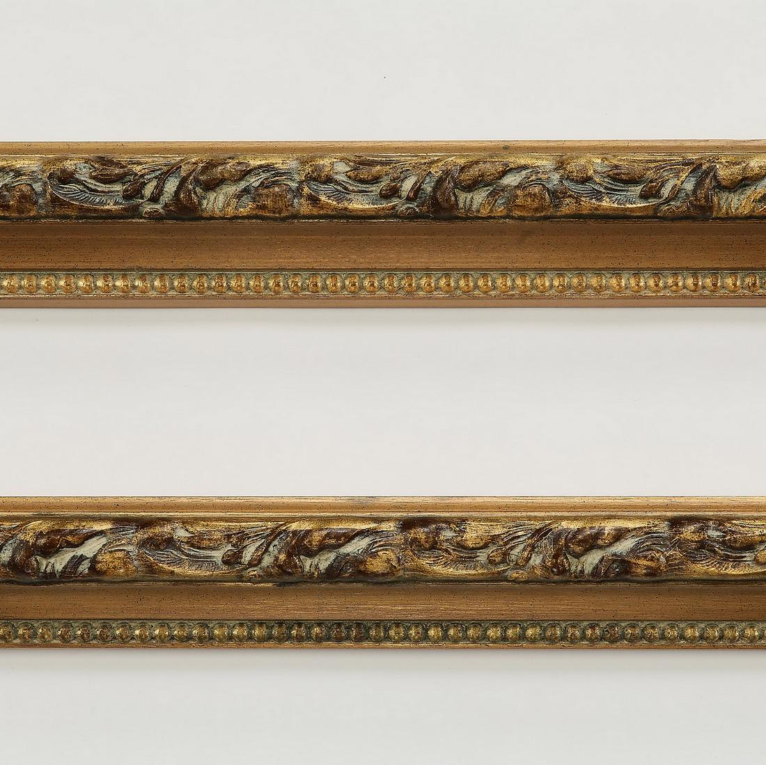 (2) Italian carved and gilt decorative moldings 119"l: Pair of Italian carved and gilt decorative moldings, each with an acanthus scrollwork and beaded border, each measuring 3.5"h x 118.5"l x 3"d.