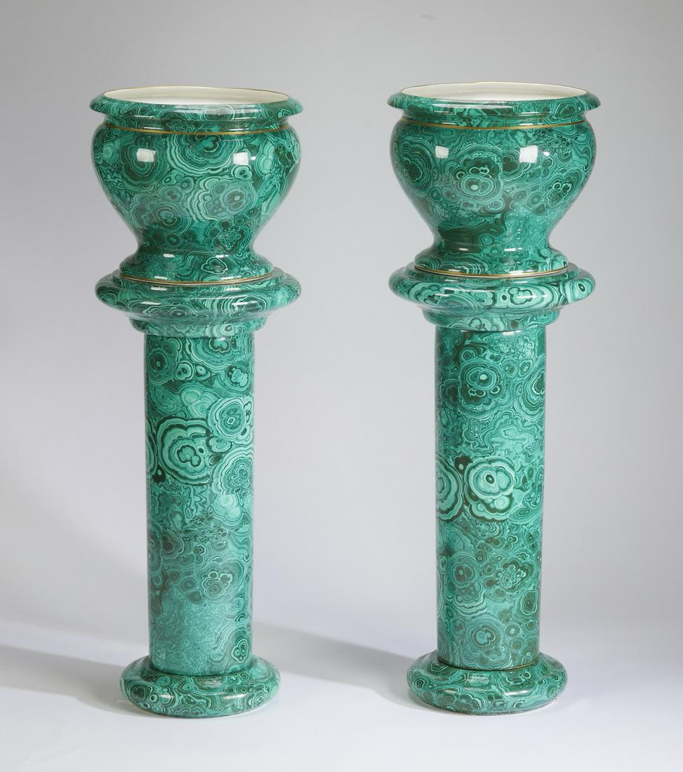 Italian porcelain faux malachite jardinieres, 44"h: Pair of Italian porcelain faux malachite jardinieres on stands, container 12.75"h x 15"dia, stand 31.5"h x 14"dia., overall size 44"h x 15"dia.