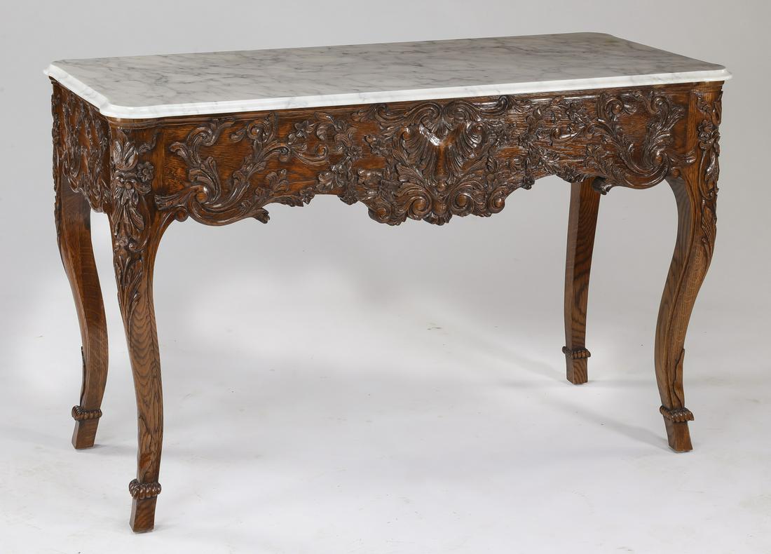 Carved oak marble top console table, 53"w (1 of 3)