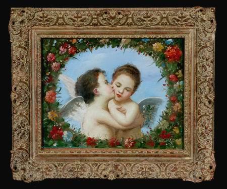 19th c. oil on canvas, signed Seignac: Late 19th or early 20th century oil on canvas on panel, "Loving Cherubs", artist signed G. (Guillaume) Seignac, (French 1870-1924), 9"h x 12"w.
