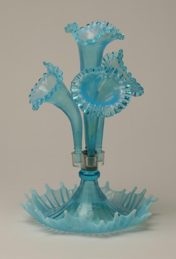 19th c. art glass epergne: 19th century American Victorian turquoise blue art glass epergne, 17"h.
