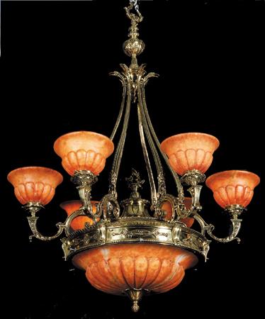 Bronze and alabaster chandelier: Early 20th century bronze and alabaster 6-light chandelier with scallop carved center dome and matching shades, suspended from finely chased curving bronze rods, 48"h x 26"w.