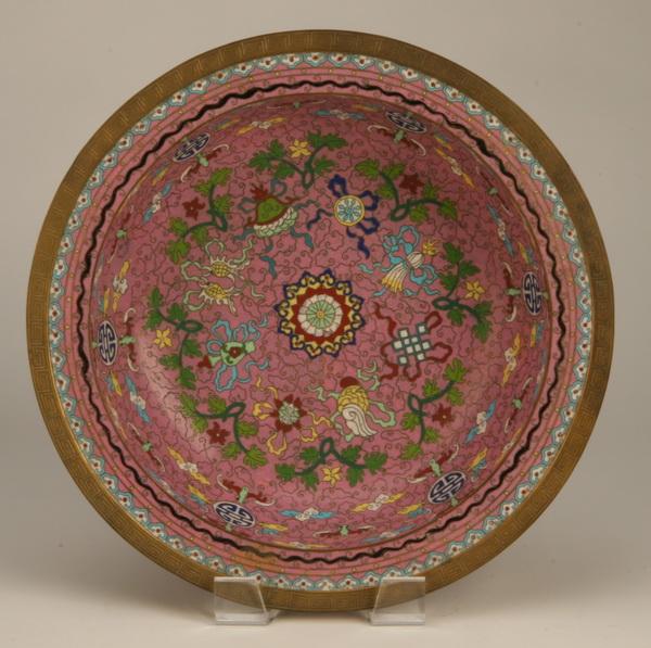 19th c. Chinese cloisonne' bowl: Late 19th or early 20th century Chinese export cloisonne' bowl with dore' bronze border, 15" diam.