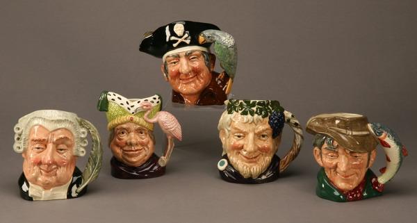 (5) Toby mugs, marked Royal Doulton: Group of 5 Toby mugs by Royal Doulton, includes The Lawyer, Ugly Duchess (from Alice in Wonderland), Bacchus, Long John Silver, and The Poacher, each 6 to 7"h.