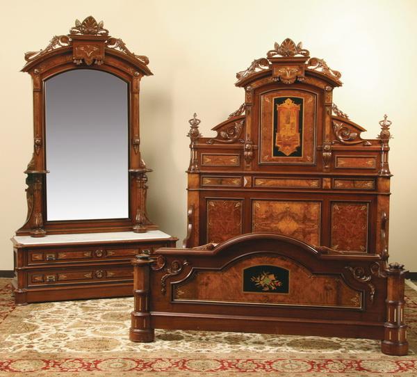 19th c. walnut bedroom set, attr'd to Herter Bros.: 19th century American Renaissance Revival gilt incised walnut bedroom set, inlaid with burled walnut and marquetry panels, the bed converted to king size by a master cabinet maker, complete with mirro
