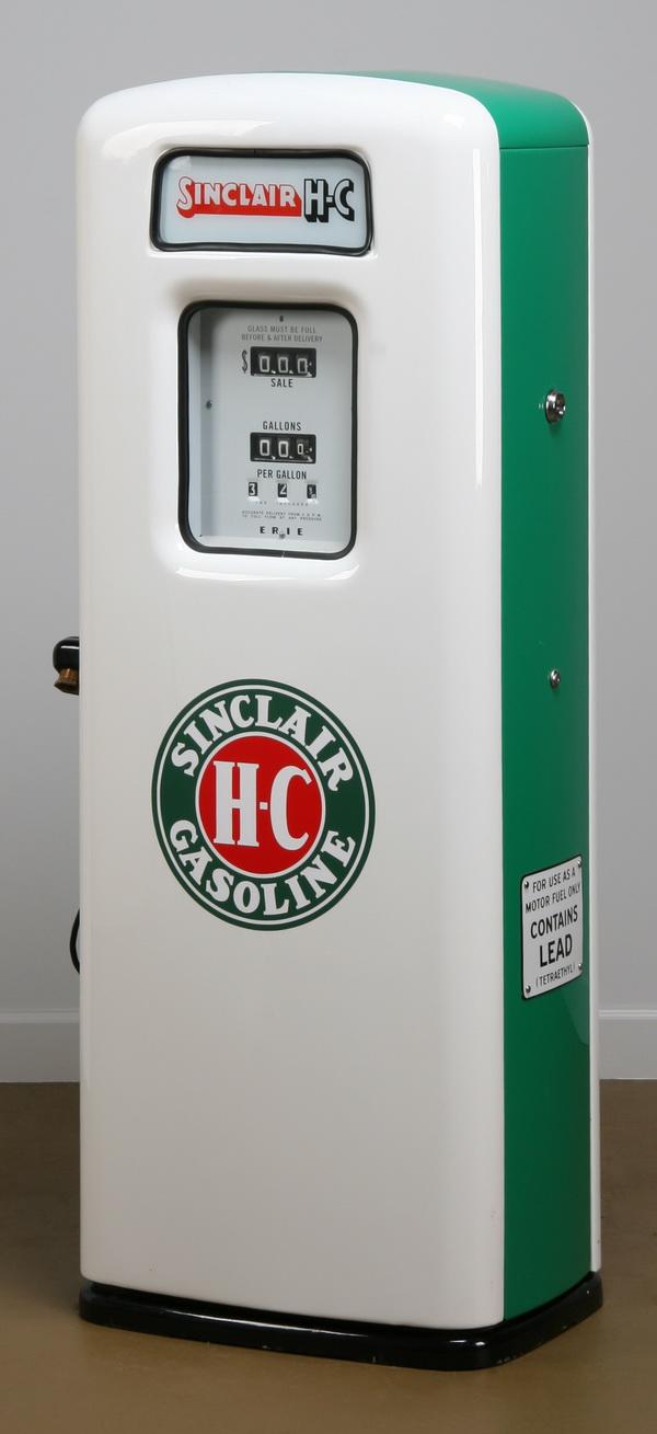Rare 1950's Sinclair Gasoline brand gas pump: Rare mid 20th century Sinclair H-C Gasoline brand gas pump, fully restored by Erie Meter Systems, Erie, PA, Model 743, serial #41714, 60"h x 22"w x 15"d.