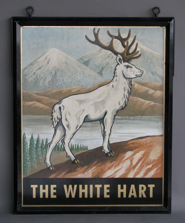 Double-sided English pub sign: Double-sided painted oil on metal English pub sign "The White Hart", 41"h x 33"w.