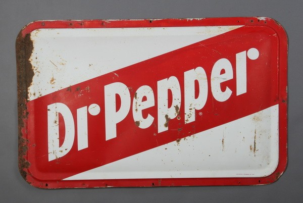 Original Dr Pepper advertising sign 48" wide: Original Dr Pepper oversized painted metal advertising sign, 30"h x 48"w.