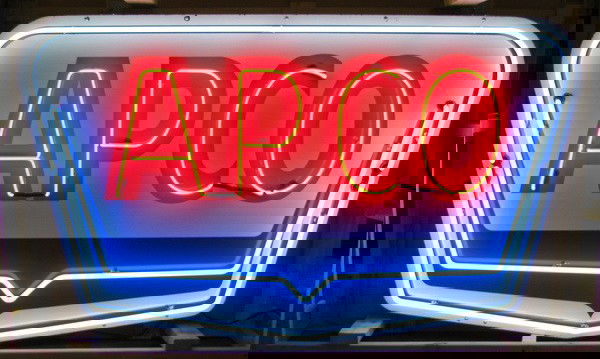 Rare APCO brand porcelain and neon sign: Rare original APCO brand logo porcelain advertising sign , re-made with neon, 42"h x 72"w.