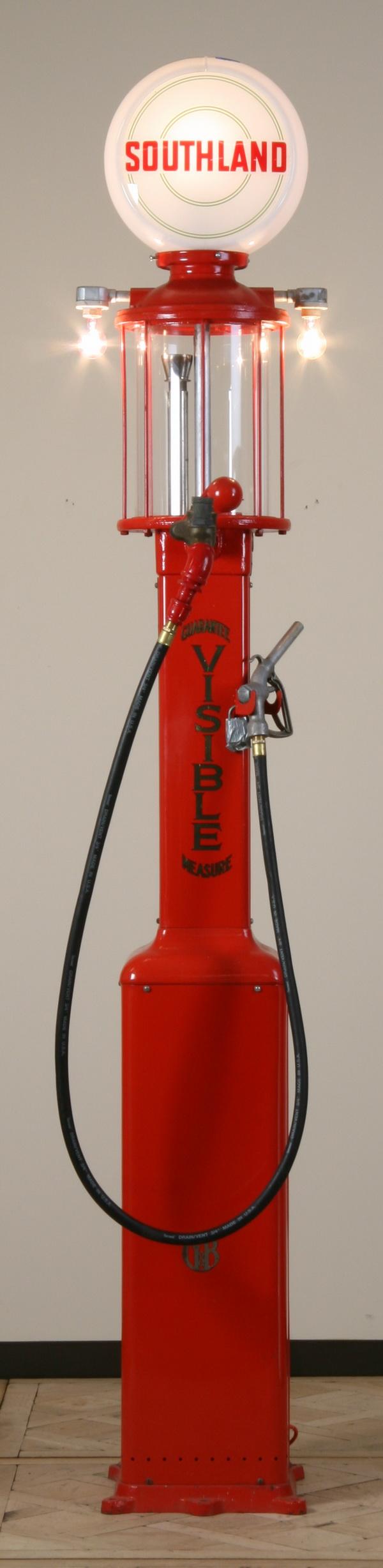 Rare vintage gas pump by Gilbert & Barker: Rare vintage American gas pump by Gilbert & Barker Manufacturing Company, Springfield, Mass., Model 67, serial # 5265 with rare 5 gallon gasoline cylinder, and the Southland Oil Company brand globe, c