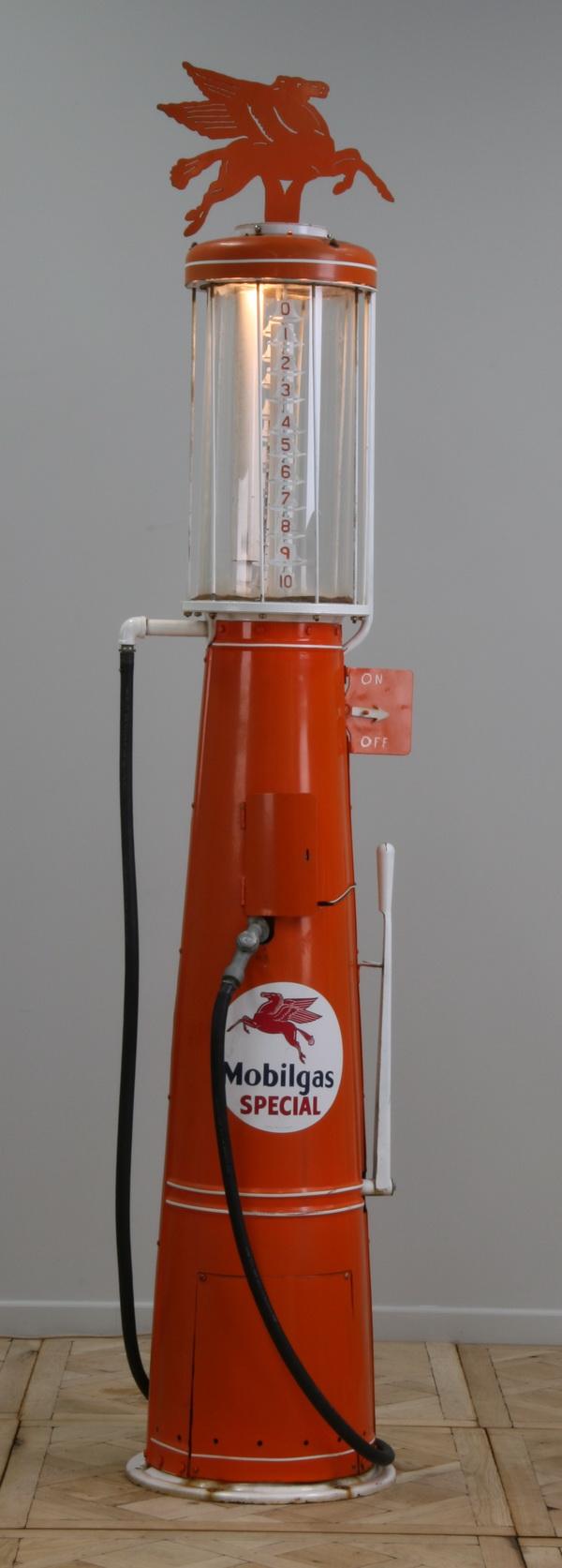 Rare vintage gas pump by Gilbert & Barker: Rare vintage American gas pump by Gilbert & Barker Manufacturing Company, Springfield, Mass., Model # 176, with a die-cut Pegasus atop the pump, and the Mobilgas brand logo, circa 1920's, 115"h x 22" 