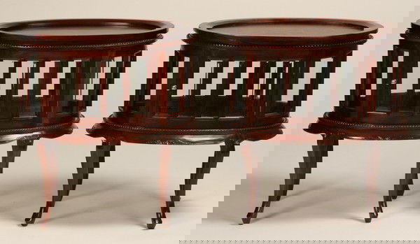 (2) oval mahogany curio cabinet side tables: Pair of oval mahogany curio cabinet side tables with lift-top serving tray, 31"h x 29"l x 20"w.