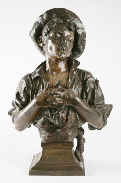 19th c. bronze sculpture, signed Blot: 19th century bronze sculpture of a young lad holding a fish, signed Eugene Blot, (French 1830-1899), 31"h.