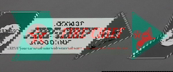 Texaco Fire Chief sign: Texaco Fire Chief reproduction painted metal directional advertising sign, 9"h x 27"l.