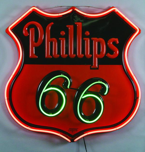 Oversized Phillips 66 brand neon sign, 50" h.: Large Phillips 66 brand logo neon wall mounted service station sign, 50"h x 50"w.