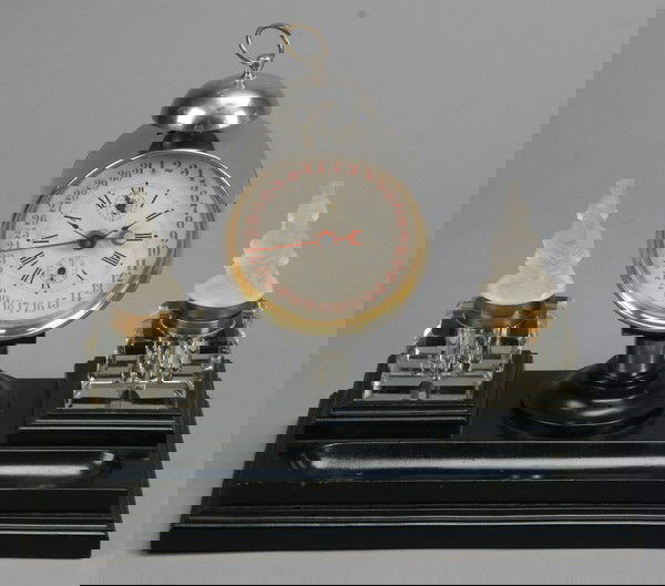 20th c. Art Deco ebonized desk set: Early 20th century Art Deco ebonized desk set with a pair of heavy cut crystal inkwells with Lalique-style moulded crystal covers depicting Neoclassical maidens, flanking a round Art Deco clock, 12"h