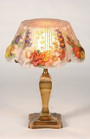 Pairpoint puffy lamp: Rare closed top Pairpoint puffy lamp with Devonshire shade of floral garlands, base and shade signed Pairpoint, shade: 16" diam.