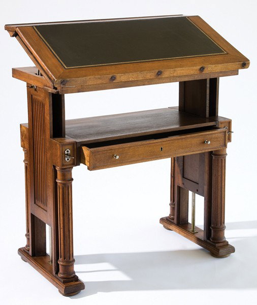 19th c. French drafting table w/ apparatus: Mid 19th century French architect drafting desk, with mechanical apparatus to raise and tilt the gold tooled leather top work surface, maker marked 36"h x 39"l x 23"d.