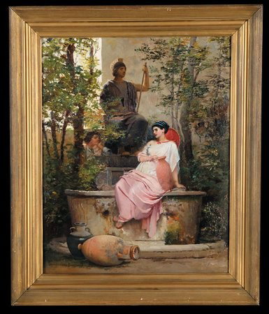 19th c. oil on canvas, signed Blashfield: "Lovers in the Secret Garden", late 19th century oil on canvas, signed and inscribed Edwin Howland (Blashfield), ( American 1848 - 1936), 22"h x 18"w.