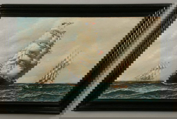 19th c. oil on canvas, signed Jacobsen: Early 19th century oil on canvas, "Clipper Ships and Schooner on the High Seas", artist signed and dated Antonio (Nicolo Gasparo) Jacobsen 1917, (American 1850 - 1921), 18.25"h x 30"w.
