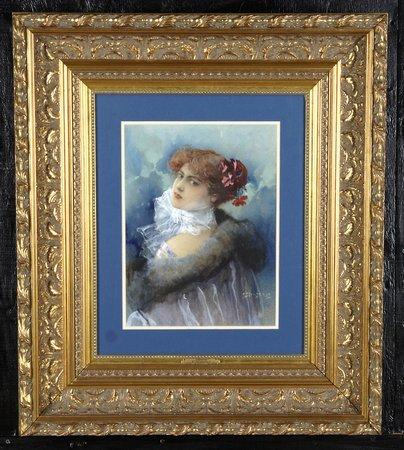 19th c. French watercolor, signed Schmidt: Late 19th or early 20th century gouache portrait, signed F. Schmidt, Paris (1873-1941), 16"h x 12"w.