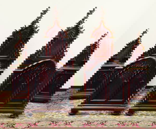 19th c. 7-piece Gothic Revival set: 7-piece 19th century Italian Gothic Revival carved and gilt incised walnut and rosewood bedroom set, includes a pair of high back twin beds, two verde marble top nightstands with original beveled mirr