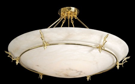 Neoclassical-style alabaster chandelier: Circular Neoclassical-style alabaster chandelier with decorative bronze ring, 25"h x 45" diam.