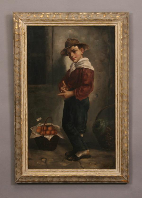 19th c. oil on canvas, signed Wilson: "Young Boy Selling Oranges", late 19th century oil on canvas, artist signed D. (David Forester) Wilson, (British 1873-1950), 32"h x 20"w.