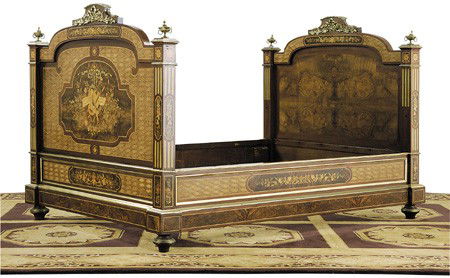 19th c. Russian Empire day bed: 19th century Russian Empire center-of-the-room style day bed, with extensive parquetry and marquetry inlay and intricate bronze mounts on both the headboard and footboard, side rails also inlaid. Head