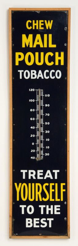 Chew Mail Pouch Tobacco porcelain sign, 72"h: Original Chew Mail Pouch Tobacco porcelain advertising sign with thermometer, 72"h x 17.5"w.