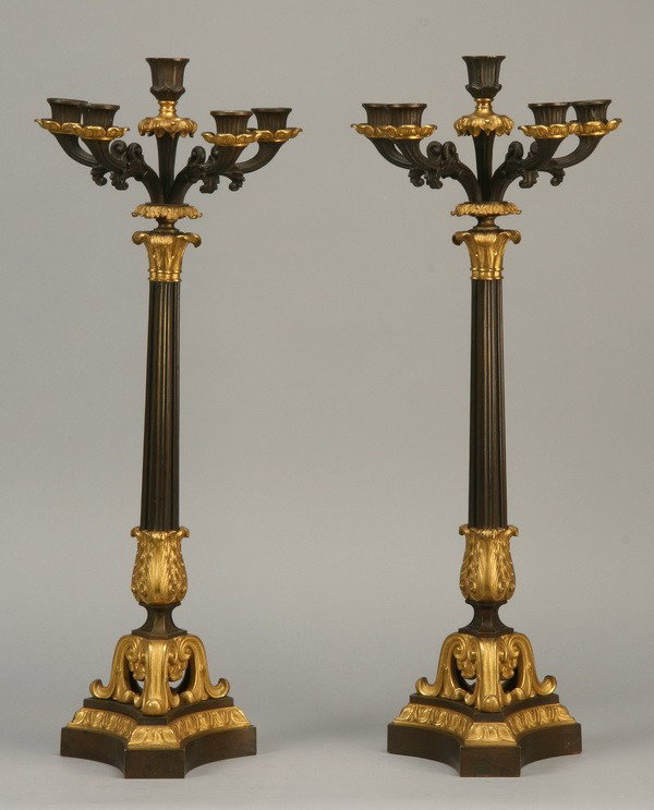 19th c. 5-light patinated bronze candelabra: Late 19th or early 20th century Louis Phillipe-style patinated bronze 5 light candelabra with dore' bronze accents, 24"h.